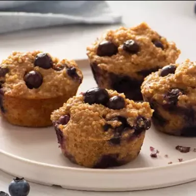 A plate of blueberry muffins made with diabetes friendly ingredients. 